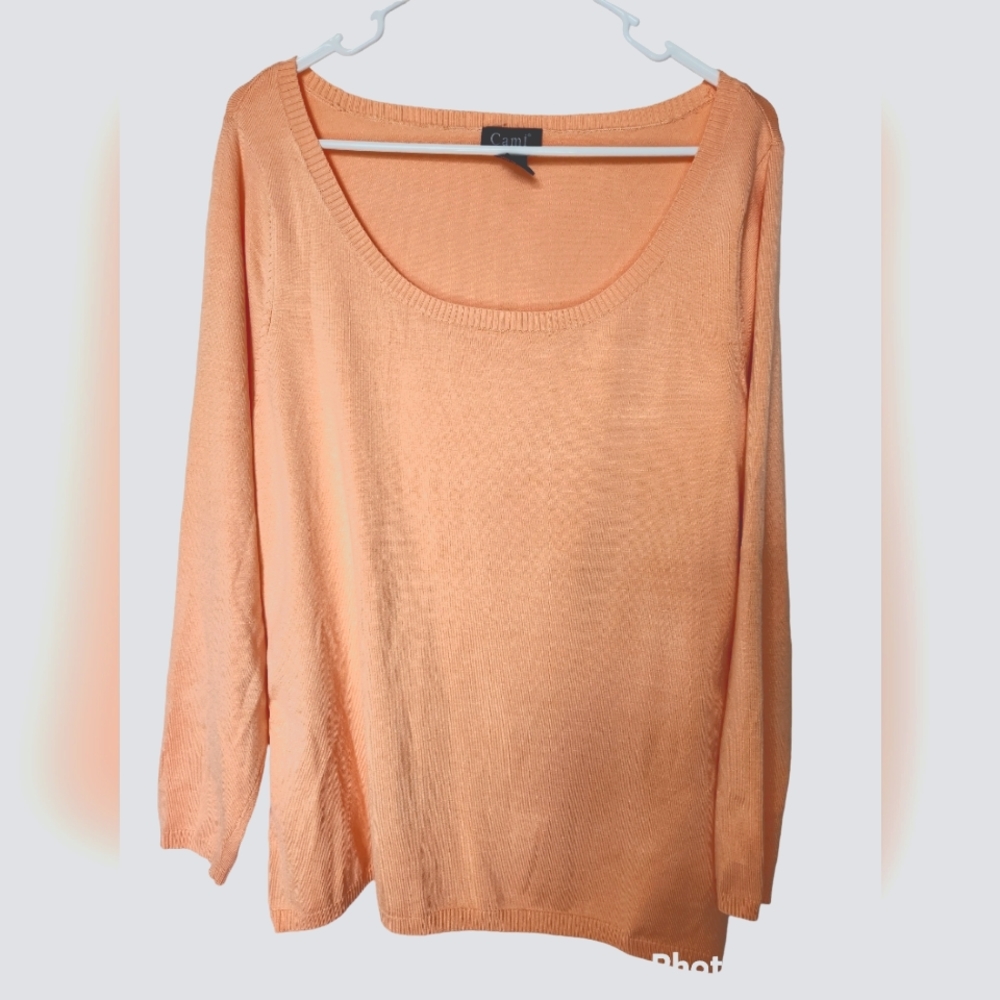CAMI SIZE 1X peach sweater, satin ties at side seams. Silk/cotton/nylon/spandex